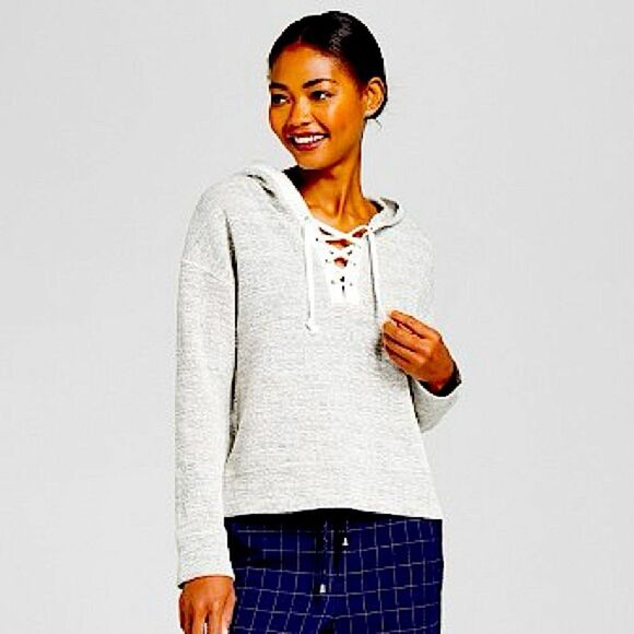 a new day Tops - A New Day Gray Knit Tweed Lace-Up Hoodie Size Medium